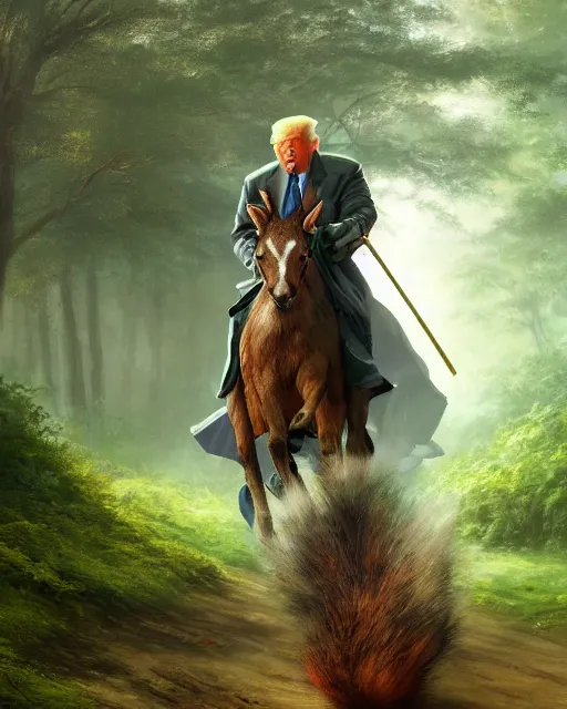 Prompt: oil painting of Donald Trump riding on Squirrel, wearing green cloak, sharp focus, fantasy style, octane render, volumetric lighting, 8k high definition, by greg rutkowski, highly detailed, trending on art Station, magic the gathering artwork, magical forest backround, centered