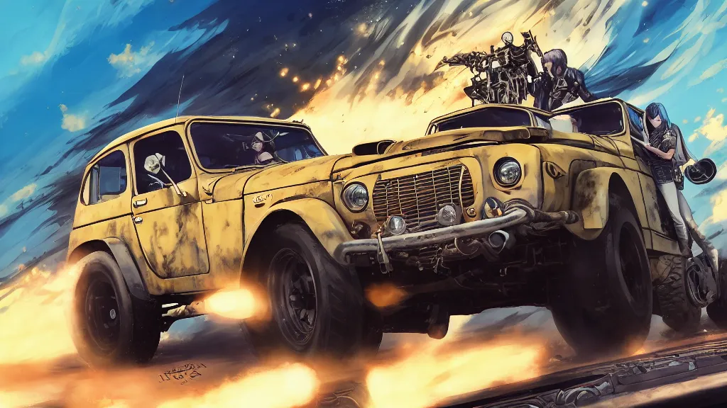 Image similar to anime illustration of mad max's fj 4 0 pursuit special, the last v 8 interceptor driving down to the gates of valhalla highway, riding fury road eternal shiny and chrome, world of fire and blood, by makoto shinkai, ilya kuvshinov, lois van baarle, rossdraws, basquiat, global illumination ray tracing hdr