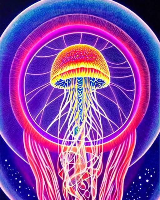 Prompt: detailed realistic geometric glow painting a jellyfish portal emitting light in the cosmos by alex grey symmetry underwater in the cosmos