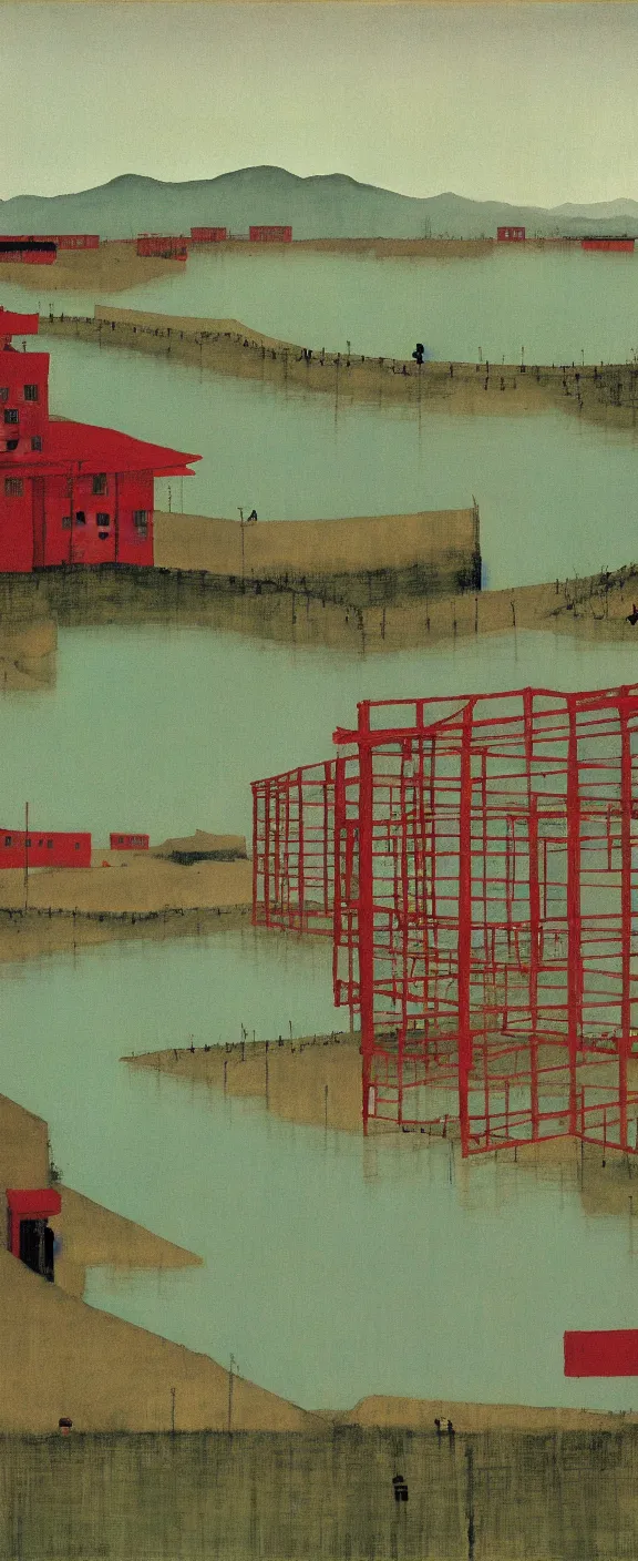 Image similar to a chinese prison near a river by peter doig, muted colors