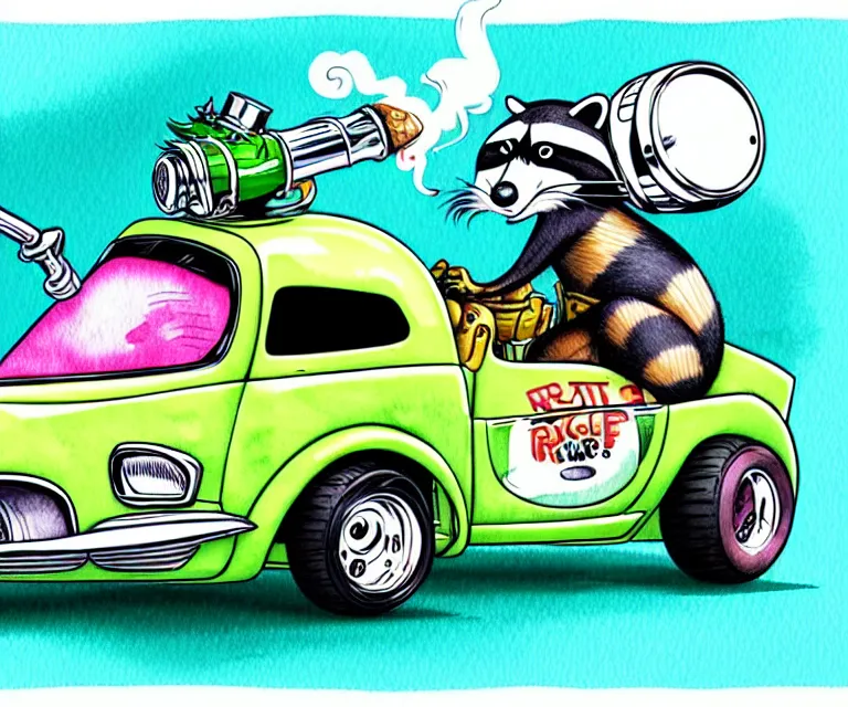 Image similar to cute and funny, racoon smoking a bong wearing a helmet riding in a tiny dragula coupe with oversized engine, ratfink style by ed roth, centered award winning watercolor pen illustration, isometric illustration by chihiro iwasaki, edited by range murata