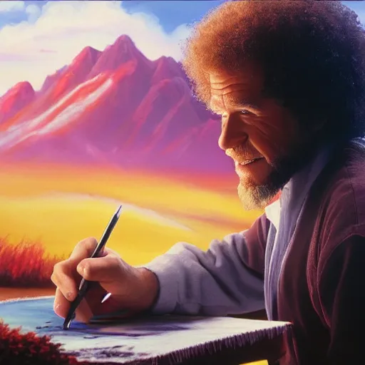 Prompt: a closeup photorealistic photograph of bob ross painting an image of iron man on a large canvas. mountains and trees. film still. brightly lit scene. this 4 k hd image is trending on artstation, featured on behance, well - rendered, extra crisp, features intricate detail, epic composition and the style of unreal engine.