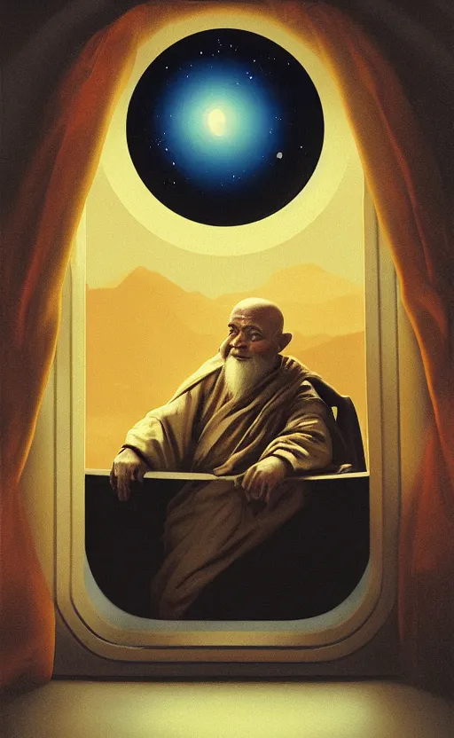 Image similar to portrait of an old monk in a spaceship, looking out the window at a planet, orange robe, dramatic lighting, artstation, matte painting, johannes vermeer