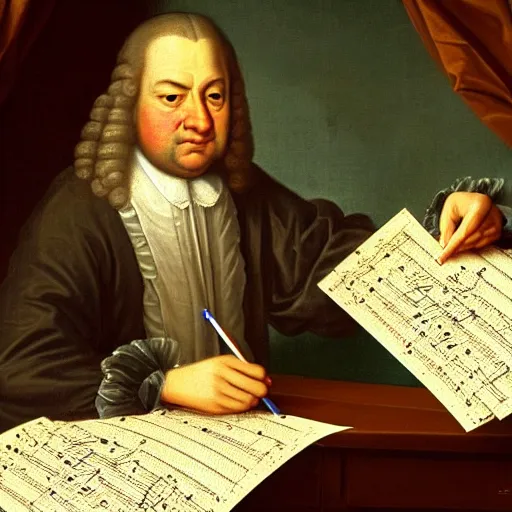 Image similar to highly detailed painting of bach writing a piece of music on a sheet of paper, he is inside of a wooden shack, 4 k resolution, by jaquis luis david, visible paint layers, renaissance.