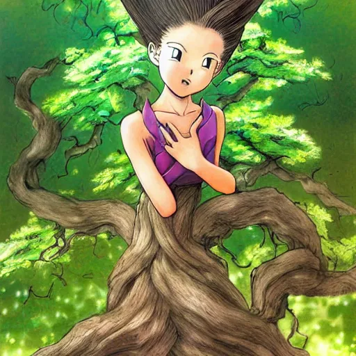 Prompt: beautiful girl in the form of a tree in full growth, digital painting, professional art, elegant by Toriyama, Akira