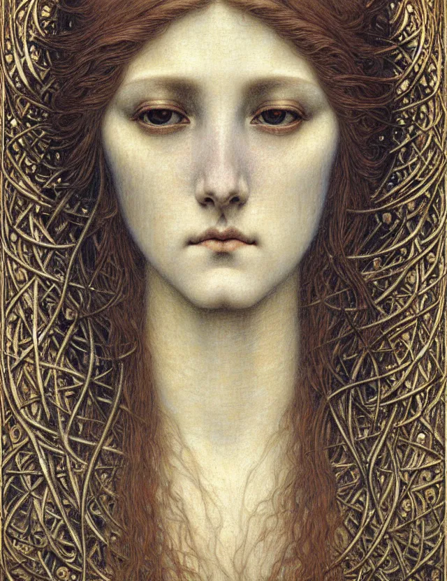 Image similar to detailed realistic beautiful young medieval queen face portrait by jean delville, gustave dore and marco mazzoni, art nouveau, symbolist, visionary, gothic, pre - raphaelite. horizontal symmetry