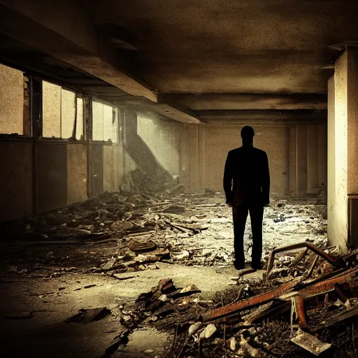 Prompt: A mysterious man standing in the middle of a stair hallway looking in the direction of the camera, the man is using a flashlight in a City in ruins with vegetation growing from the destroyed buildings :: apocalyptic, gloomy, desolate :: long shot, low angle, dramatic backlighting, symmetrical photography :: cinematic shot, highly detailed