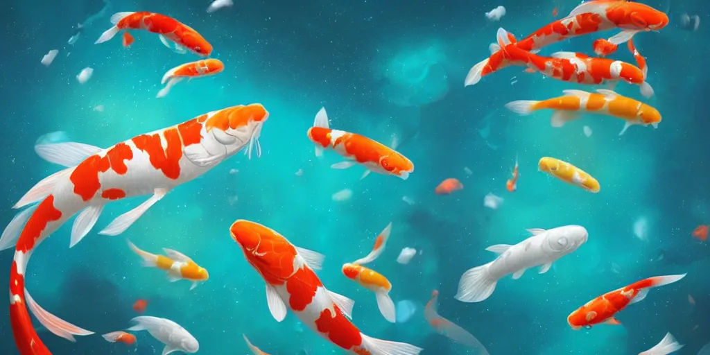 Prompt: koi fish floating in space, turquoise background, realistic detailed digital art by maxwell boas, jessica rossier, christian dimitrov, anton fadeev, trending on artstation, cgsociety, rendered in unreal engine, soft colors, 4 k, hq