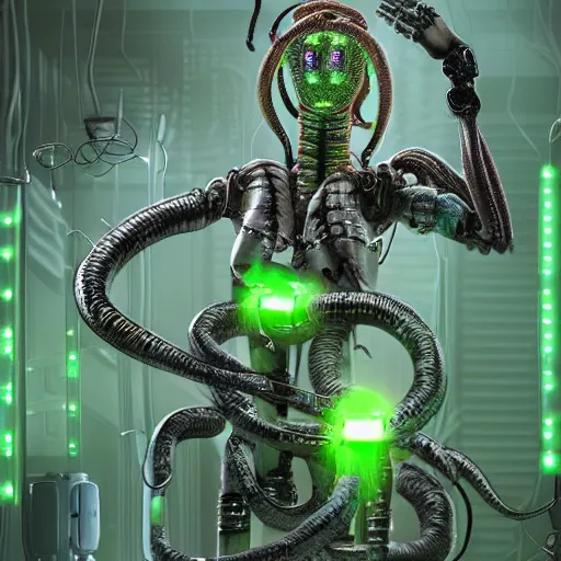 Image similar to the upper torso of a terminator gorgon medusa with borg implants and robotic snakes coming out of her head is hanging from cables and wires off the ceiling of a lab. Her bottom half is missing with cables hanging out. Tiny green led lights in her cybernetics. She is taking a sip from a cup of coffee. very detailed 8k. Horror cyberpunk style.