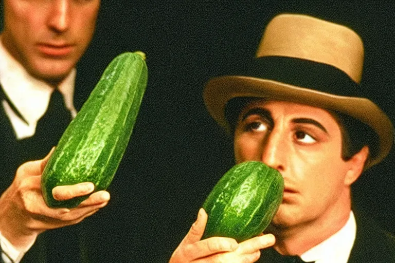 Prompt: still image of larry the cucumber in the godfather, 1 9 7 0 s film, movie, cinematic, 3 5 mm color film, dramatic lighting, 4 0 mm f / 2. 8