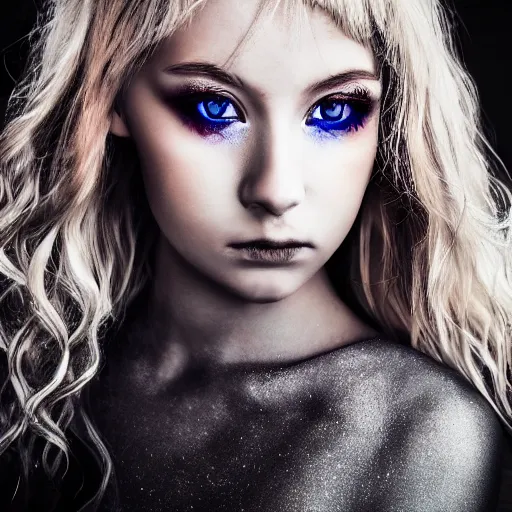 Prompt: A gorgeous blonde, grungy, glowing eyes, modelsociety, radiant skin, huge anime eyes, bright on black, dramatic, cinematic, studio lighting, perfect face, intricate, Sony a7R IV, symmetric balance, polarizing filter, Photolab, Lightroom, 4K, Dolby Vision, Photography Award