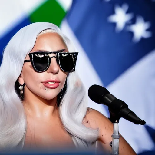 Image similar to Lady Gaga as president, Argentina presidential rally, Argentine flags behind, bokeh, giving a speech, detailed face, Argentina