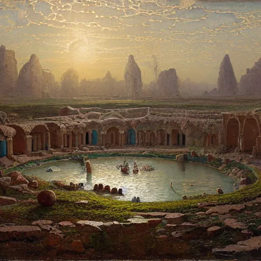 Prompt: detailed painting of a multiverse gateway in ancient mesopotamia in the middle of a sulphur lake, filigree ornaments, andreas achenbach, simon stalenhag