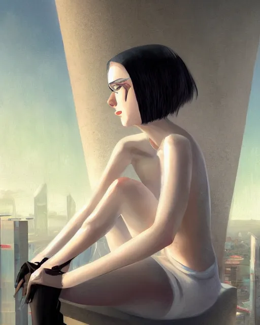 Prompt: a white haired woman sitting on top of a skyscraper wearing a crop top, medium shot, digital expressive oil painting, by dam mumford, by wlop, by studio ghibli, cyberpunk, gorgeous eyes