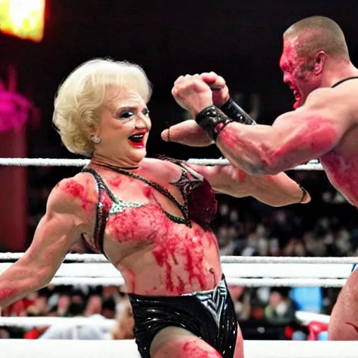 Prompt: betty white muscular wwe world champion wrestling zombies