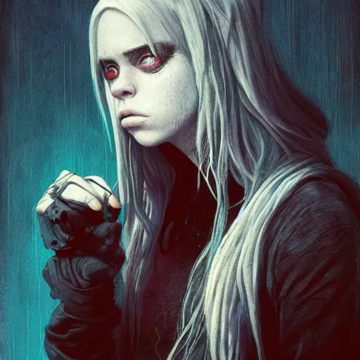 Image similar to billie eilish, horror, grunge, loony toons style, illustrated by Greg Rutkowski and Caspar David Friedrich., Trending on artstation, artstationHD, artstationHQ, 4k, 8k