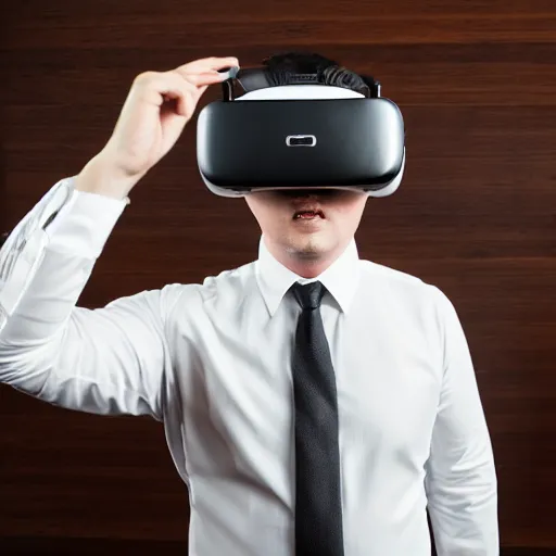 Image similar to clean - shaven chubby white man wearing white dress shirt, necktie, and black dress pants wearing a vr headset. he look mesmerized. iq 4, f / 1. 4, iso 2 0 0, 1 / 1 6 0 s, 8 k, raw, dramatic lighting, symmetrical balance, in - frame