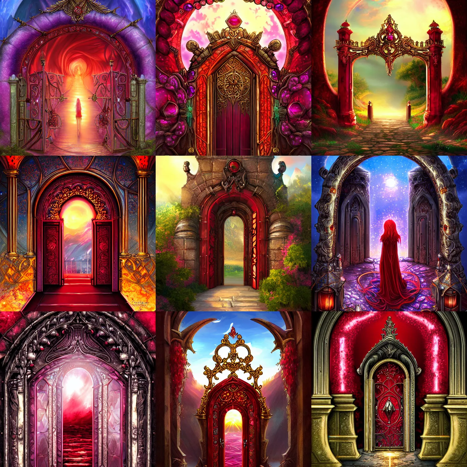 Prompt: The gate to the eternal kingdom of ruby gemstones, fantasy, digital art, HD, detailed.