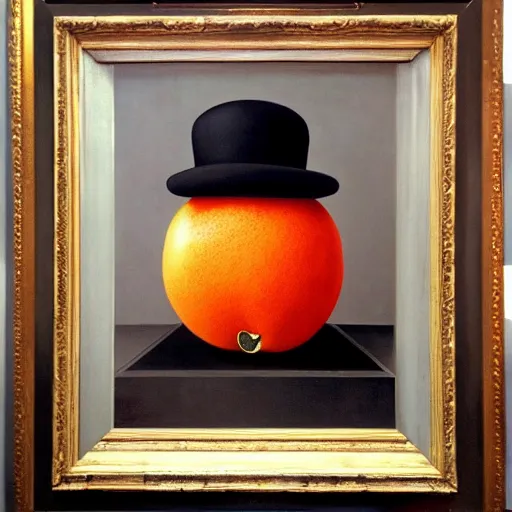 Image similar to a magritte painting masterpiece exposed in Paris : an apple talking to an orange on black hat, This 4K HD image is Trending on Artstation, featured on Behance, well-rendered, extra crisp