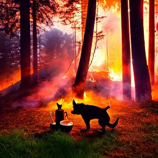 Prompt: dog drinking coffee in a forest fire, vibrant, colorful, luminescence