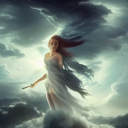 Prompt: beautiful goddess of wind aloft in a storm cloud, 8k resolution matte fantasy painting, moody cinematic lighting, DeviantArt Artstation, by Ross Tran