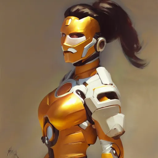 Image similar to greg manchess portrait painting of a female ironman as overwatch character, medium shot, asymmetrical, profile picture, organic painting, sunny day, matte painting, bold shapes, hard edges, street art, trending on artstation, by huang guangjian, gil elvgren, ruan jia, greg rutkowski, gaston bussiere