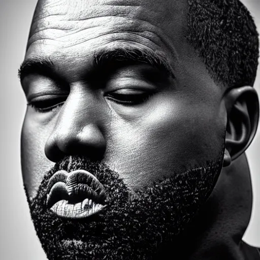Image similar to the face of kanye west wearing yeezy facemask at 4 0 years old, portrait by julia cameron, chiaroscuro lighting, shallow depth of field, 8 0 mm, f 1. 8