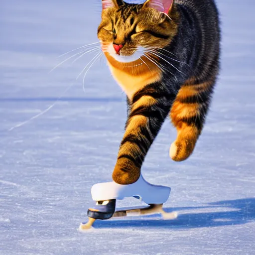 Prompt: Cat on Ice skates playing Hockey in the park, 40nm lens, shallow depth of field, split lighting