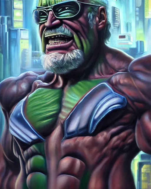 Prompt: hyperrealistic oil painting of cyberpunk mechanical hulk as stan lee, stan lee as a muscular hulk