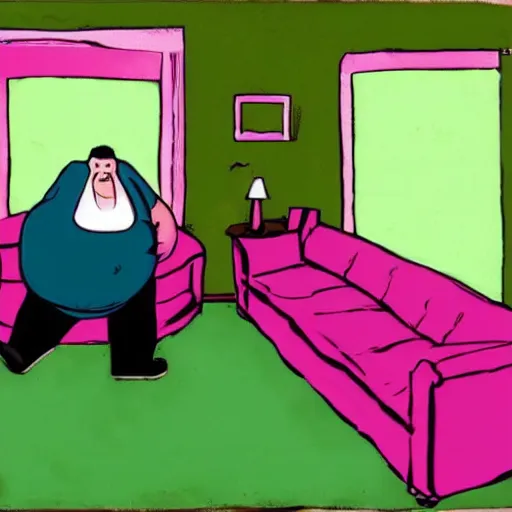 Prompt: a fat man standing alone and confused in a pink room with a green cat