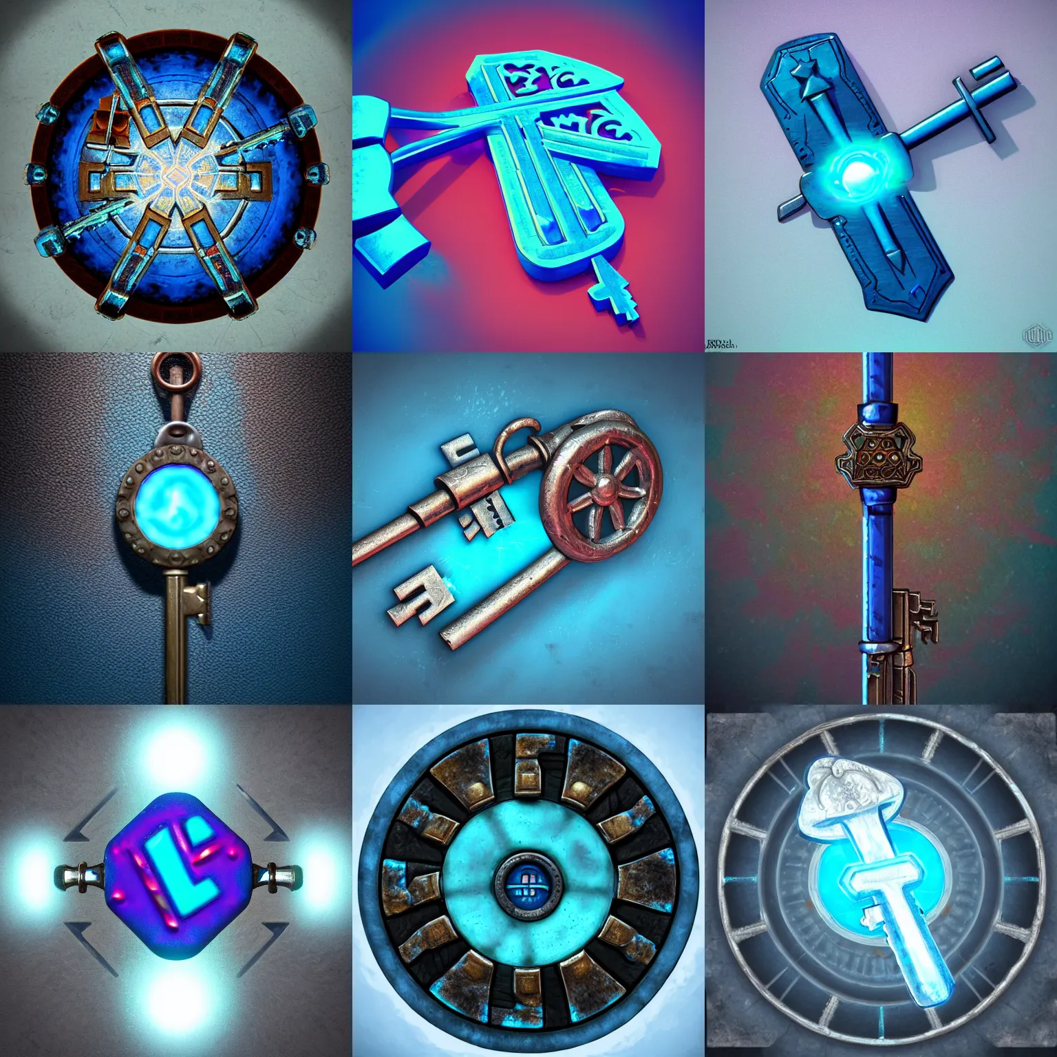 Prompt: a stylised old ice blue colorful metal key, key is on the center of image, rpg game inventory item, rim light, outer glow, on the white background, vray, stylised hand painted textures, trending on artstation