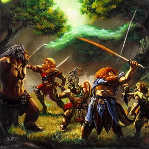 Prompt: Fantasy battle between Orcs and Elves, painted by Bob Ross