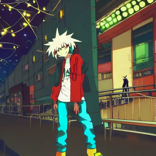 Image similar to anime boy with eccentric clothes, long spiky hair, cel - shading, 2 0 0 1 anime, flcl, jet set radio future, night, night time, entertainment district, japanese city at night, lines of lights, christmas lights, rollerskaters, cel - shaded, jsrf, strong shadows, vivid hues, y 2 k aesthetic