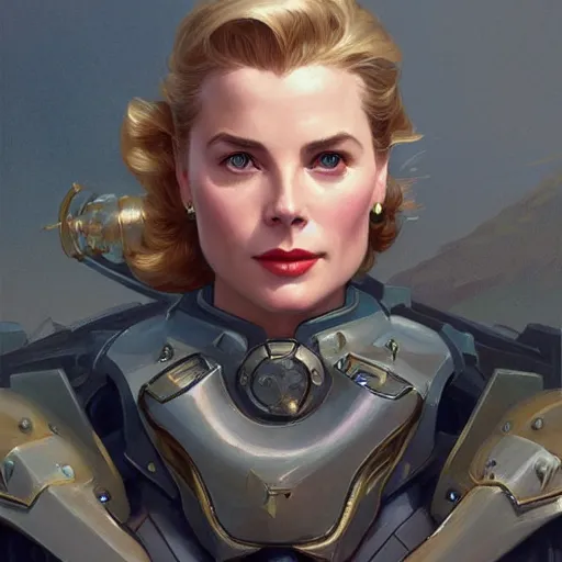 Image similar to Grace Kelly in a Power Armor, western, D&D, fantasy, intricate, elegant, highly detailed, digital painting, artstation, concept art, matte, sharp focus, illustration, art by Artgerm and Greg Rutkowski and Alphonse Mucha