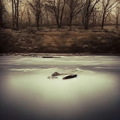 Prompt: grunge photo of a beautiful river landscape by michal karcz., taken by a disposable camera | horror | nightmare