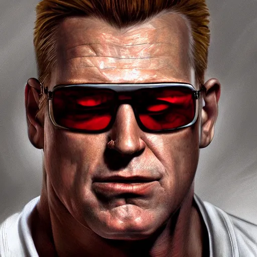 Prompt: ultra realistic portrait painting of duke nukem, stanley artgerm, 4 k, ultra realistic, highly detailed, epic lighting