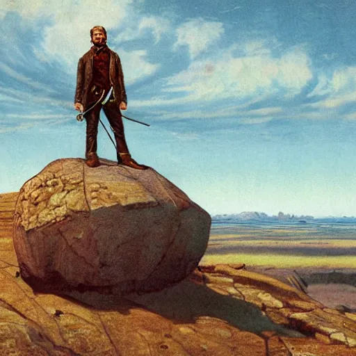 Prompt: 19th century scruffy american trapper, standing atop boulder overlooking expanse, sphinx in distance, pulp science fiction illustration, mobius artwork