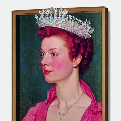 Prompt: frontal portrait of a blue and pink queen, by norman rockwell