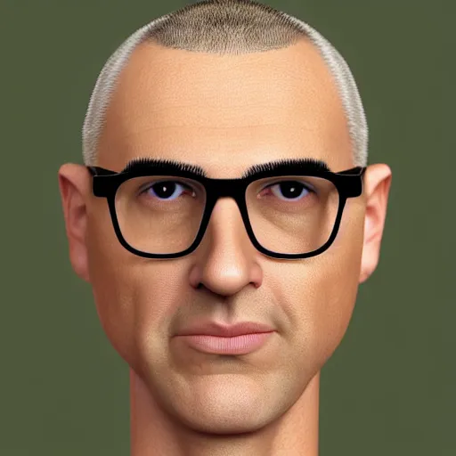 Prompt: 50 year old brunette man with very short hair, buzz cut, round round round face round face round face round face, round jaw, big chin , romanian, glasses, romanian heritage, brown eyes, olive skin, round nose, round chin, clean shaven wide face, thin lips, , digital art, painterly, cartoon, cute, 8k, illustration, art by loish, painterly, trending on artstation, medium shot, uncropped