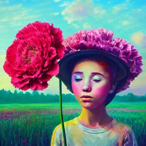 Image similar to giant carnation flower face, girl in a flower field, surreal photography, sunrise dramatic light, impressionist painting, colorful clouds, digital painting, artstation, simon stalenhag, flower face