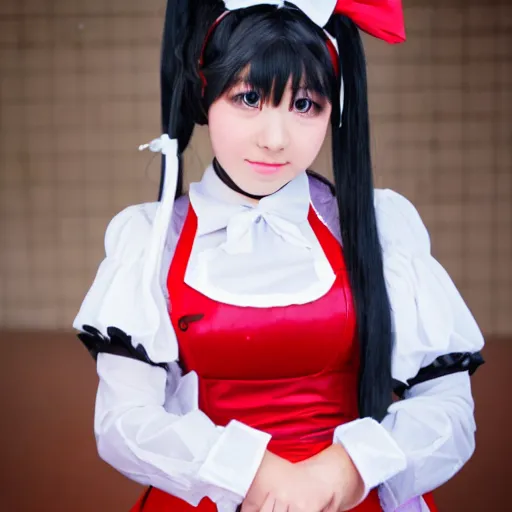 Image similar to a high definition photo of a young cosplayer with twin tails, wearing maid dress