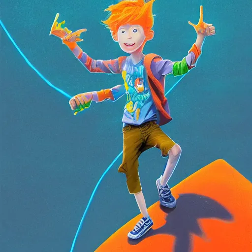 Prompt: a skinny young man with orange hair and glowing orange eyes as a super hero, pixar cute, highly detailed, sharp focus, neon color, digital painting, floating particles, excitement, artwork by Jeremiah Ketner + Mati Klarwein + Fintan Magee + Chris Mars, background artwork by greg rutkowski