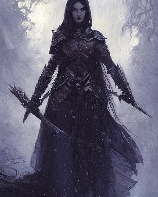 Image similar to a beautiful woman dark hair in an armor with dark eyes, elegant, dark blue, ethereal horror fantasy art by greg rutkowski and magali villeneuve and claude monet