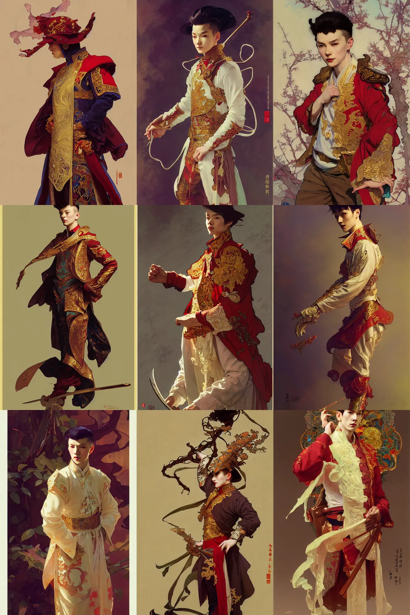 Prompt: young male, russian costume, chinese costume, fantasy, smooth, art by joseph leyendecker, peter mohrbacher, ruan jia, marc simonetti, ayami kojima, cedric peyravernay, alphonse mucha, victo ngai