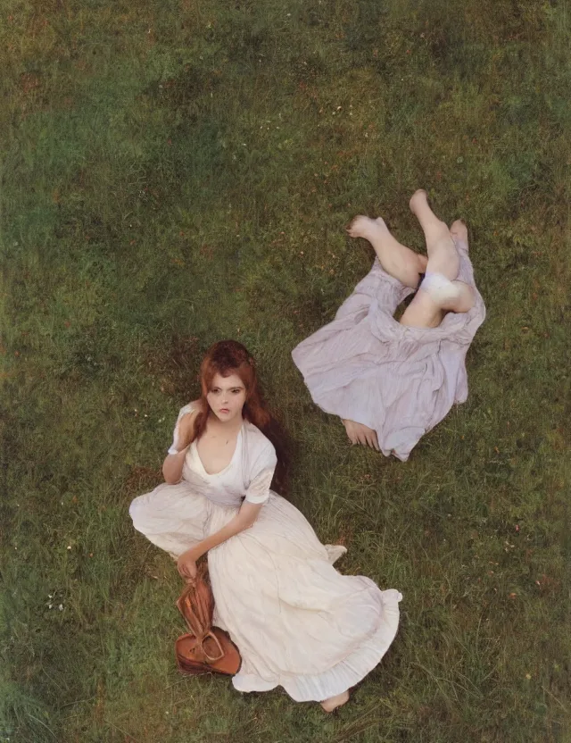 Prompt: lolita on a village, high angle view, portrait, Cinematic focus, Polaroid photo, vintage, neutral colors, soft lights, foggy, by Steve Hanks, by Serov Valentin, by lisa yuskavage, by Andrei Tarkovsky 8k render, detailed, oil on canvas