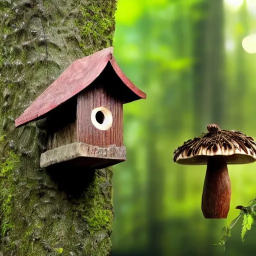 Prompt: wooden birdhouse in a tree in the rain forest, mushrooms and leaves on the birdhouse, mushrooms, dense rain forest, backlit, realistic, beautiful lighting