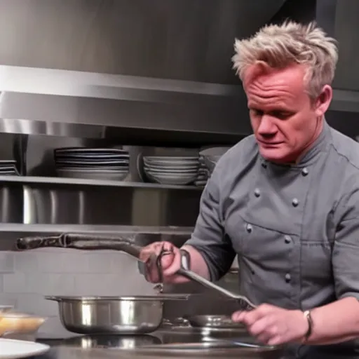 Image similar to hyper real Gordon Ramsey cooking a unicorn in kitchen 4k