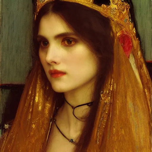 Prompt: orientalist portrait of a vampire princess wearing a golden tiara intricate portrait by john william waterhouse Edwin Longsden Long and Theodore Ralli and Henryk Siemiradzki, very coherent symmetrical artwork. Cinematic, hyper realism, high detail 8k