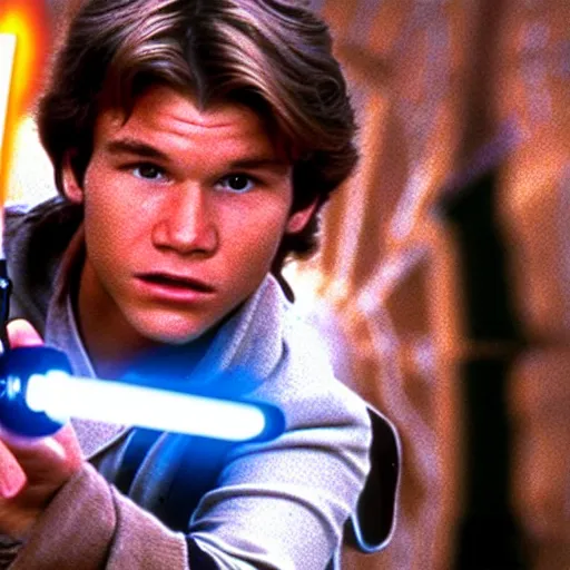 Image similar to A full color still from a film of a teenage Han Solo as a Jedi padawan holding a lightsaber hilt, from The Phantom Menace, directed by Steven Spielberg, 35mm 1990