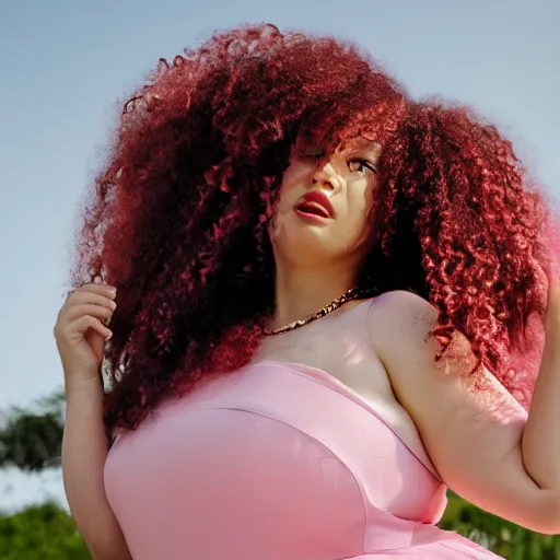 Image similar to a photograph of rose quartz from steven universe, portrait photography, 85mm, iso 400, focus mode ,a kind expression, detailed portrait, gigantic pink ringlets, huge curly pink hair, tight gigantic pink curls, warm features, plus size, white dress, gorgeous, kind features, beautiful woman, flattering photo, daylight